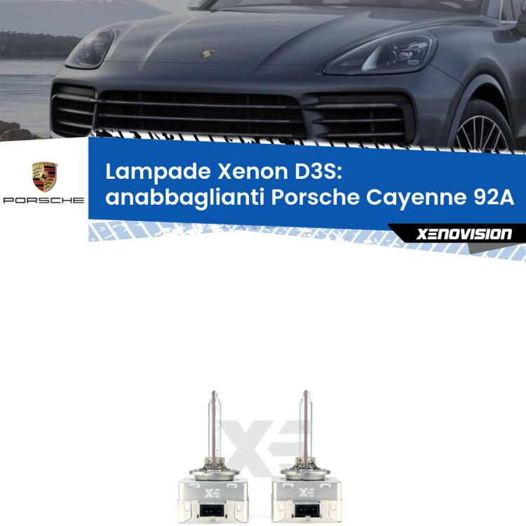 D3S: Lampade xenon di ricambio per Porsche Cayenne 92A 2015 in poi con impianto Xenon di serie Le lampade Xenon di ricambio D3S Xenovision XT erogano più Lumen, durano di più e proiettano più lontano sui tuoi fari anabbaglianti Porsche Cayenne 92A 2015 in poi