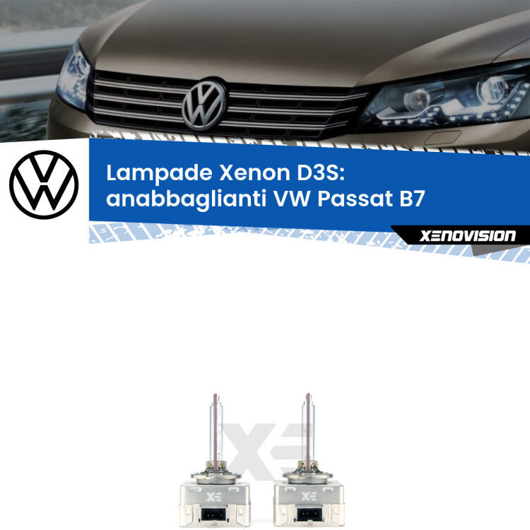 0 D3S: Lampade xenon di ricambio per VW Passat B7 2010 - 2014 con impianto Xenon di serie Le lampade Xenon di ricambio D3S Xenovision XT erogano più Lumen, durano di più e proiettano più lontano sui tuoi fari anabbaglianti VW Passat B7 2010 - 2014