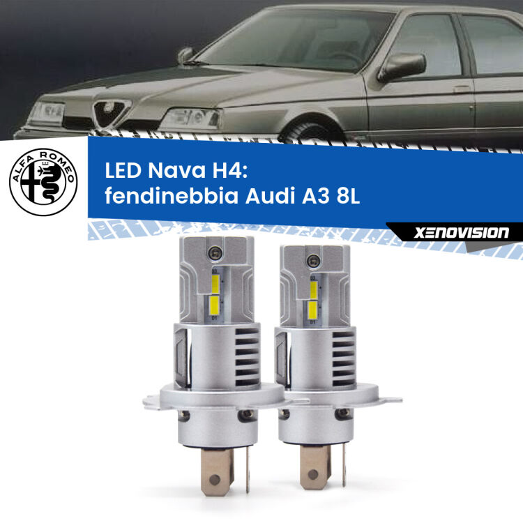 Anabbaglianti LED Alfa romeo 164  1987 - 1991: H4 Nava <strong>Anabbaglianti LED no-spie per Alfa romeo 164</strong>  1987 - 1991. Coppia lampade <strong>H4</strong> modello Nava canbus, raffreddate a ventola.