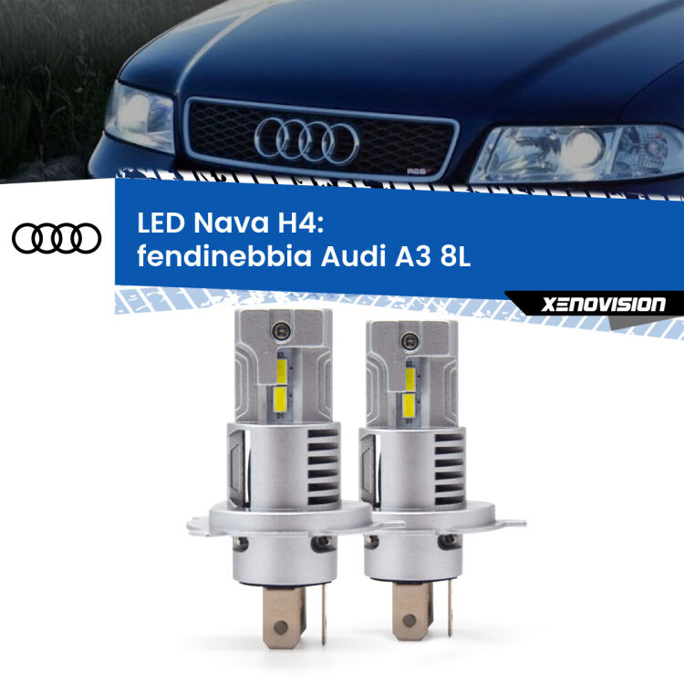 0 Anabbaglianti LED Audi A4 B5 a parabola singola: H4 Nava <strong>Anabbaglianti LED no-spie per Audi A4</strong> B5 a parabola singola. Coppia lampade <strong>H4</strong> modello Nava canbus, raffreddate a ventola.