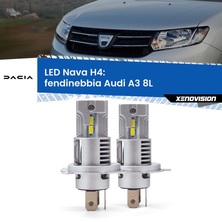 0 Anabbaglianti LED Dacia Logan II a parabola singola: H4 Nava <strong>Anabbaglianti LED no-spie per Dacia Logan</strong> II a parabola singola. Coppia lampade <strong>H4</strong> modello Nava canbus, raffreddate a ventola.