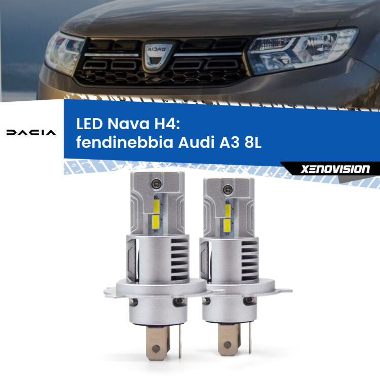 Anabbaglianti LED Dacia Sandero II  a parabola singola: H4 Nava <strong>Anabbaglianti LED no-spie per Dacia Sandero II</strong>  a parabola singola. Coppia lampade <strong>H4</strong> modello Nava canbus, raffreddate a ventola.