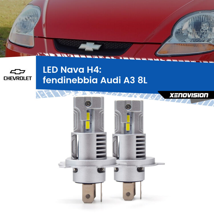 Anabbaglianti LED Chevrolet Matiz Mk2 2005 - 2011: H4 Nava <strong>Anabbaglianti LED no-spie per Chevrolet Matiz</strong> Mk2 2005 - 2011. Coppia lampade <strong>H4</strong> modello Nava canbus, raffreddate a ventola.