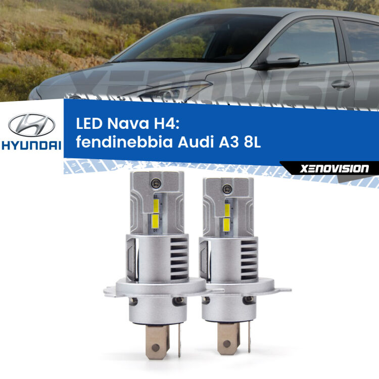 <strong>Anabbaglianti LED no-spie per Hyundai I20</strong> PB, PBT a parabola singola. Coppia lampade <strong>H4</strong> modello Nava canbus, raffreddate a ventola.
