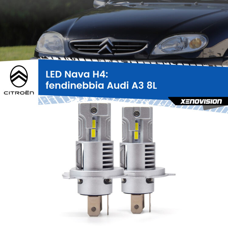 Anabbaglianti LED Citroën Saxo  1996 - 2004: H4 Nava <strong>Anabbaglianti LED no-spie per Citroën Saxo</strong>  1996 - 2004. Coppia lampade <strong>H4</strong> modello Nava canbus, raffreddate a ventola.