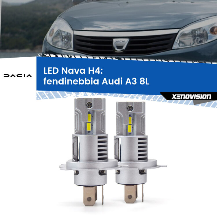0 Anabbaglianti LED Dacia Sandero I 2008 - 2012: H4 Nava <strong>Anabbaglianti LED no-spie per Dacia Sandero I</strong> 2008 - 2012. Coppia lampade <strong>H4</strong> modello Nava canbus, raffreddate a ventola.