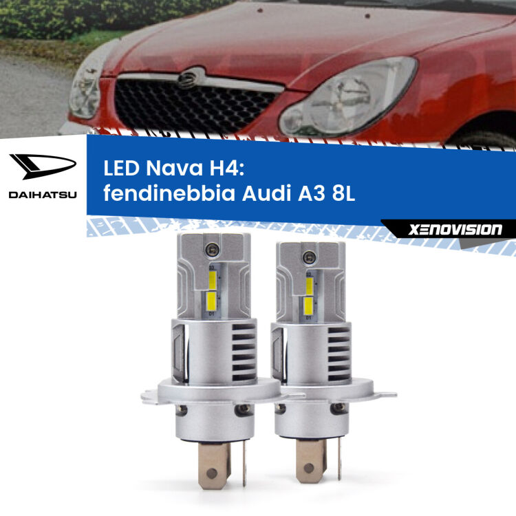 0 Anabbaglianti LED Daihatsu Sirion 2005 - 2008: H4 Nava <strong>Anabbaglianti LED no-spie per Daihatsu Sirion</strong> 2005 - 2008. Coppia lampade <strong>H4</strong> modello Nava canbus, raffreddate a ventola.