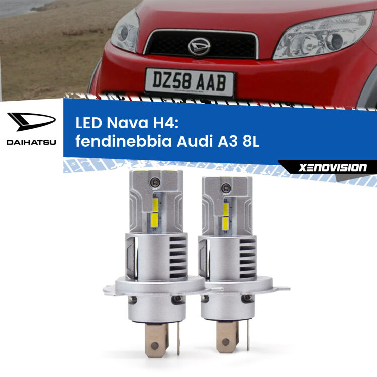 Anabbaglianti LED Daihatsu Terios II a parabola singola: H4 Nava <strong>Anabbaglianti LED no-spie per Daihatsu Terios</strong> II a parabola singola. Coppia lampade <strong>H4</strong> modello Nava canbus, raffreddate a ventola.