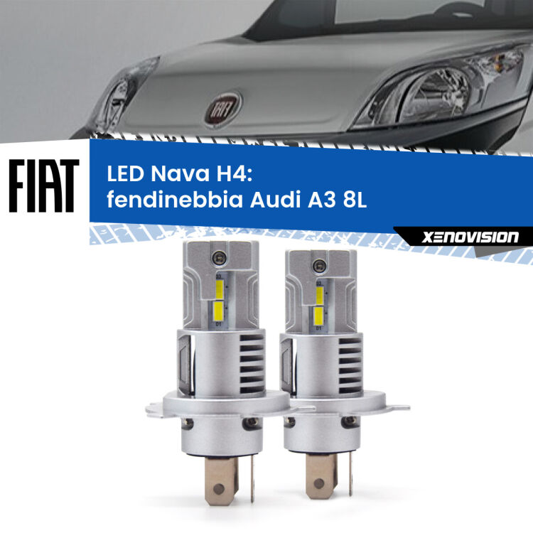 Anabbaglianti LED Fiat Fiorino 225 2008 - 2021: H4 Nava <strong>Anabbaglianti LED no-spie per Fiat Fiorino</strong> 225 2008 - 2021. Coppia lampade <strong>H4</strong> modello Nava canbus, raffreddate a ventola.