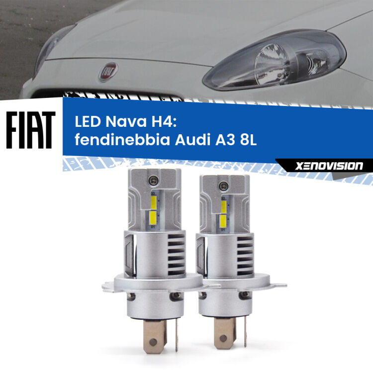 Anabbaglianti LED Fiat Punto 199 2012 - 2018: H4 Nava <strong>Anabbaglianti LED no-spie per Fiat Punto</strong> 199 2012 - 2018. Coppia lampade <strong>H4</strong> modello Nava canbus, raffreddate a ventola.