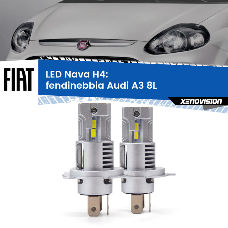 Anabbaglianti LED Fiat Punto Evo  2009 - 2015: H4 Nava <strong>Anabbaglianti LED no-spie per Fiat Punto Evo</strong>  2009 - 2015. Coppia lampade <strong>H4</strong> modello Nava canbus, raffreddate a ventola.