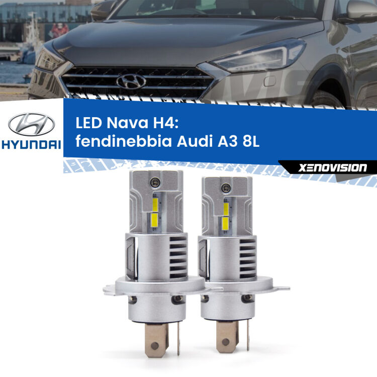 0 Anabbaglianti LED Hyundai Tucson JM prima serie: H4 Nava <strong>Anabbaglianti LED no-spie per Hyundai Tucson</strong> JM prima serie. Coppia lampade <strong>H4</strong> modello Nava canbus, raffreddate a ventola.