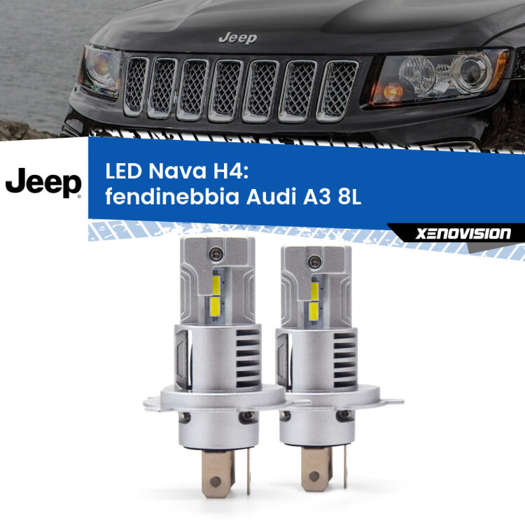 0 Anabbaglianti LED Jeep Compass 2006 - 2010: H4 Nava <strong>Anabbaglianti LED no-spie per Jeep Compass</strong> 2006 - 2010. Coppia lampade <strong>H4</strong> modello Nava canbus, raffreddate a ventola.