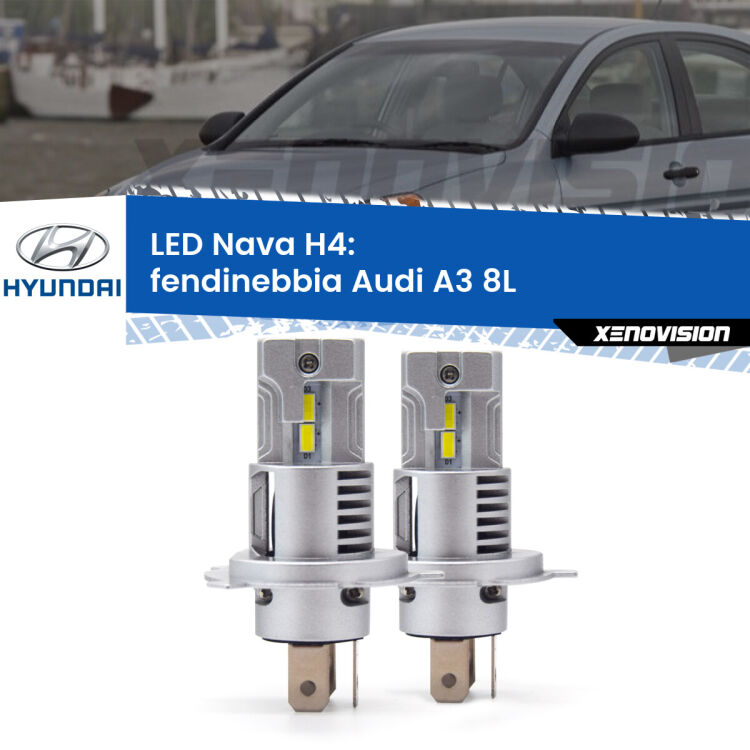 <strong>Anabbaglianti LED no-spie per Hyundai Accent I</strong> X-3 1994 - 2000. Coppia lampade <strong>H4</strong> modello Nava canbus, raffreddate a ventola.