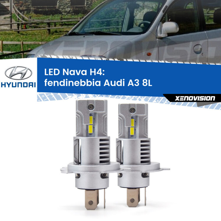 Anabbaglianti LED Hyundai Atos prime MX 1997 - 2008: H4 Nava <strong>Anabbaglianti LED no-spie per Hyundai Atos prime</strong> MX 1997 - 2008. Coppia lampade <strong>H4</strong> modello Nava canbus, raffreddate a ventola.