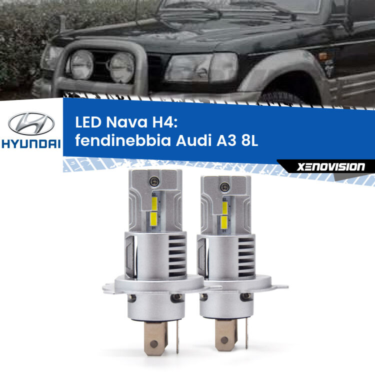 Anabbaglianti LED Hyundai Galloper II JK-01 1998 - 2003: H4 Nava <strong>Anabbaglianti LED no-spie per Hyundai Galloper II</strong> JK-01 1998 - 2003. Coppia lampade <strong>H4</strong> modello Nava canbus, raffreddate a ventola.