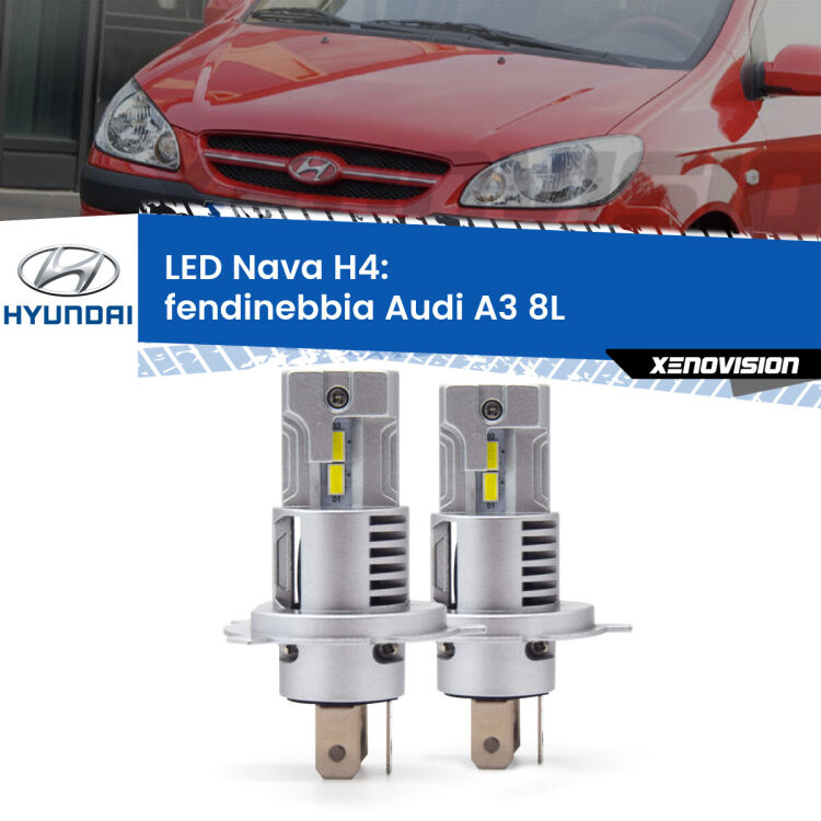 Anabbaglianti LED Hyundai Getz TB 2002 - 2009: H4 Nava <strong>Anabbaglianti LED no-spie per Hyundai Getz</strong> TB 2002 - 2009. Coppia lampade <strong>H4</strong> modello Nava canbus, raffreddate a ventola.