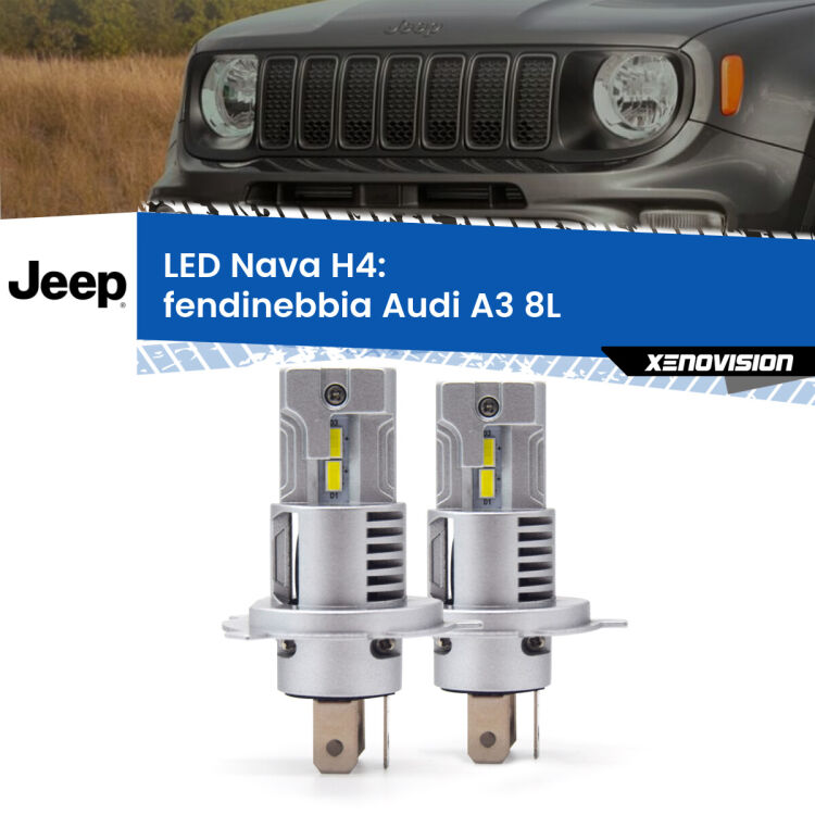 Anabbaglianti LED Jeep Renegade  2014 in poi: H4 Nava <strong>Anabbaglianti LED no-spie per Jeep Renegade</strong>  2014 in poi. Coppia lampade <strong>H4</strong> modello Nava canbus, raffreddate a ventola.