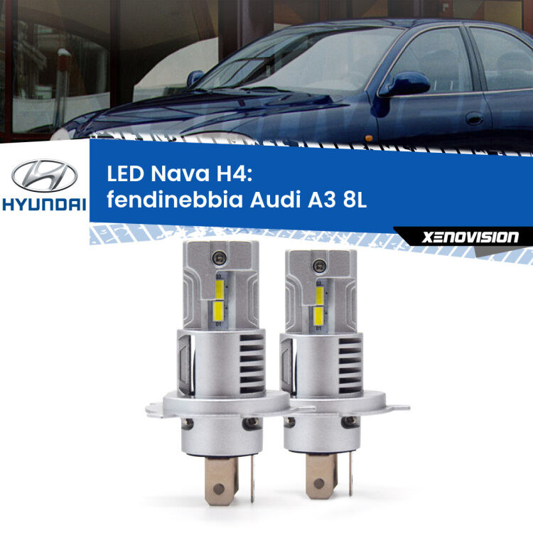 Anabbaglianti LED Hyundai Lantra J-1 1990 - 1995: H4 Nava <strong>Anabbaglianti LED no-spie per Hyundai Lantra</strong> J-1 1990 - 1995. Coppia lampade <strong>H4</strong> modello Nava canbus, raffreddate a ventola.