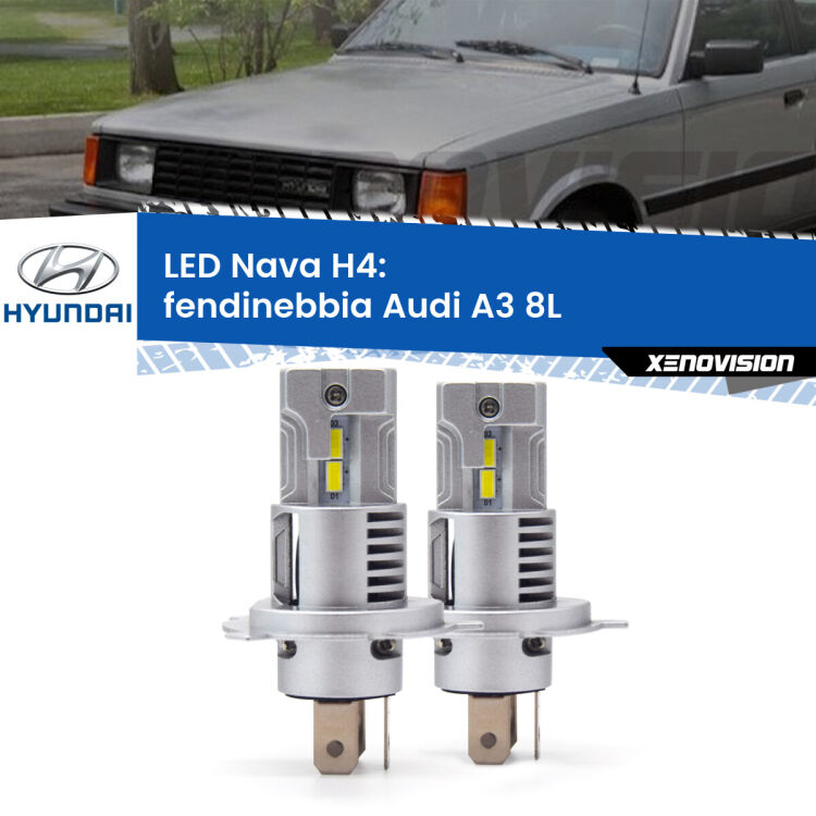Anabbaglianti LED Hyundai Pony X-2 1989 - 1995: H4 Nava <strong>Anabbaglianti LED no-spie per Hyundai Pony</strong> X-2 1989 - 1995. Coppia lampade <strong>H4</strong> modello Nava canbus, raffreddate a ventola.
