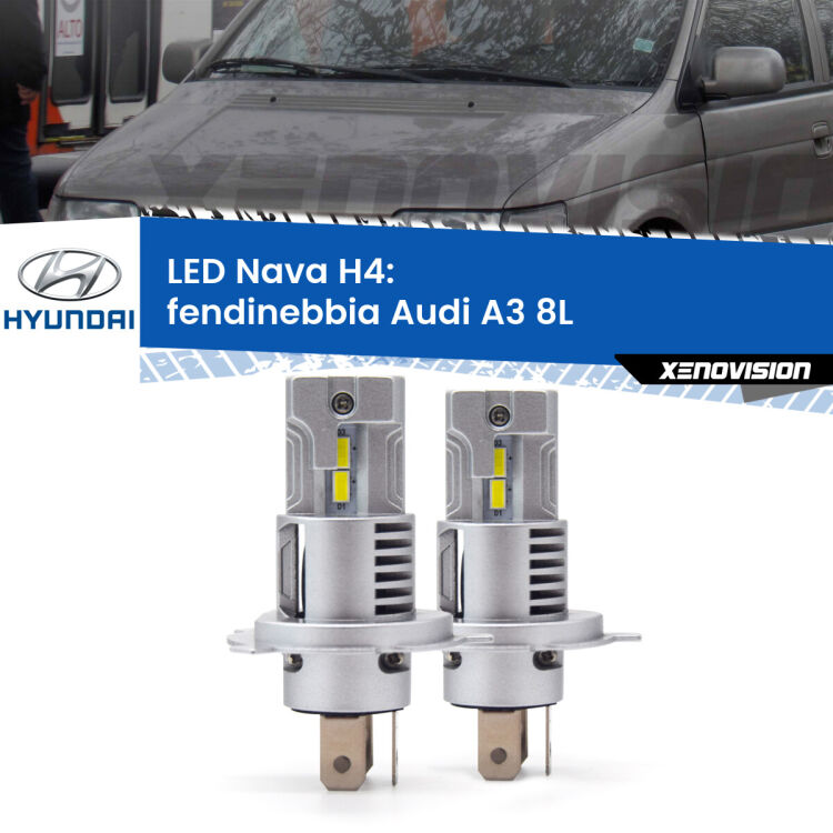 Anabbaglianti LED Hyundai Santamo  1998 - 2002: H4 Nava <strong>Anabbaglianti LED no-spie per Hyundai Santamo</strong>  1998 - 2002. Coppia lampade <strong>H4</strong> modello Nava canbus, raffreddate a ventola.