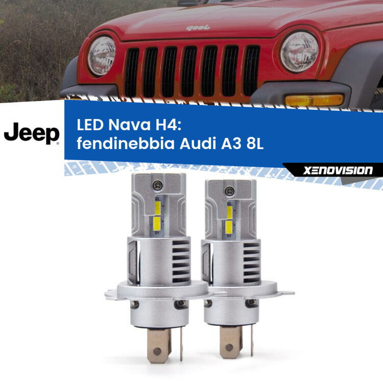 Anabbaglianti LED Jeep Cherokee KJ 2002 - 2007: H4 Nava <strong>Anabbaglianti LED no-spie per Jeep Cherokee</strong> KJ 2002 - 2007. Coppia lampade <strong>H4</strong> modello Nava canbus, raffreddate a ventola.