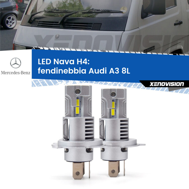 Anabbaglianti LED Mercedes 100 631 1988 - 1996: H4 Nava <strong>Anabbaglianti LED no-spie per Mercedes 100</strong> 631 1988 - 1996. Coppia lampade <strong>H4</strong> modello Nava canbus, raffreddate a ventola.
