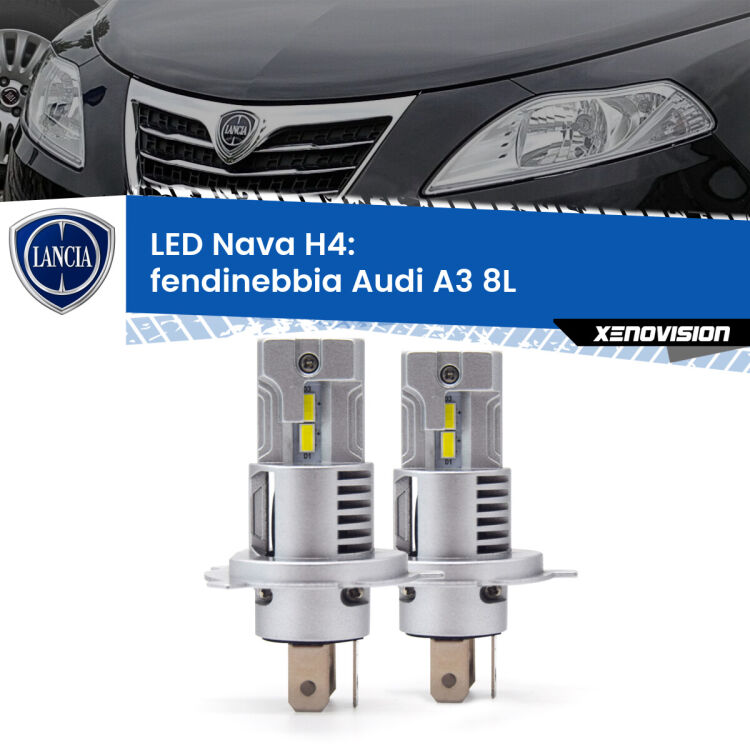Anabbaglianti LED Lancia Ypsilon II 312 2011 in poi: H4 Nava <strong>Anabbaglianti LED no-spie per Lancia Ypsilon</strong> II 312 2011 in poi. Coppia lampade <strong>H4</strong> modello Nava canbus, raffreddate a ventola.