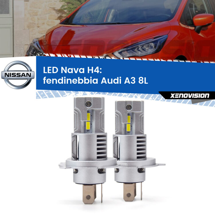 Anabbaglianti LED Nissan Micra III K12 2002 - 2010: H4 Nava <strong>Anabbaglianti LED no-spie per Nissan Micra III</strong> K12 2002 - 2010. Coppia lampade <strong>H4</strong> modello Nava canbus, raffreddate a ventola.