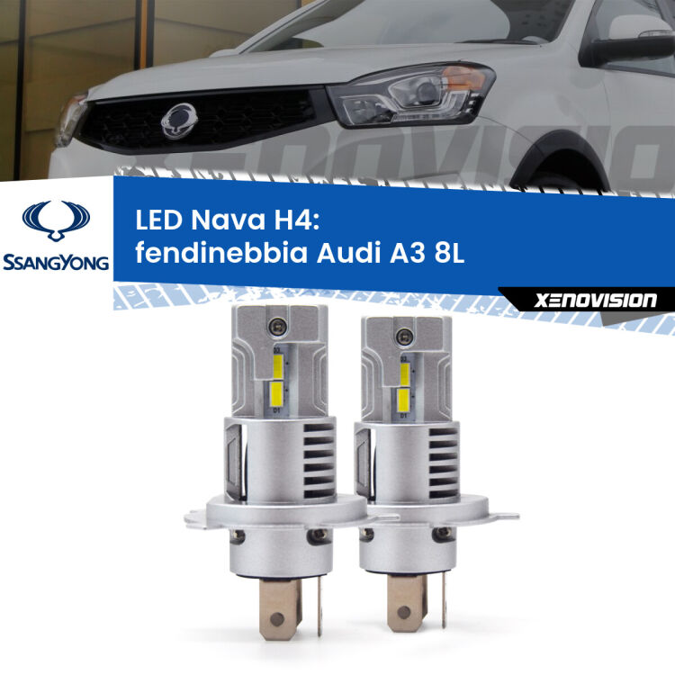 Anabbaglianti LED Ssangyong Korando Mk2 1996 - 2006: H4 Nava <strong>Anabbaglianti LED no-spie per Ssangyong Korando</strong> Mk2 1996 - 2006. Coppia lampade <strong>H4</strong> modello Nava canbus, raffreddate a ventola.