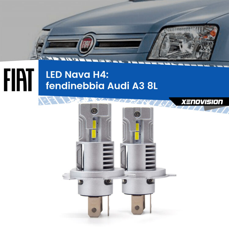 Anabbaglianti LED Fiat Panda 169 2003 - 2012: H4 Nava <strong>Anabbaglianti LED no-spie per Fiat Panda</strong> 169 2003 - 2012. Coppia lampade <strong>H4</strong> modello Nava canbus, raffreddate a ventola.