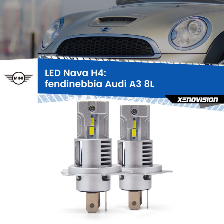 Anabbaglianti LED Mini Cooper R56 R57 2006 - 2013: H4 Nava <strong>Anabbaglianti LED no-spie per Mini Cooper</strong> R56 R57 2006 - 2013. Coppia lampade <strong>H4</strong> modello Nava canbus, raffreddate a ventola.