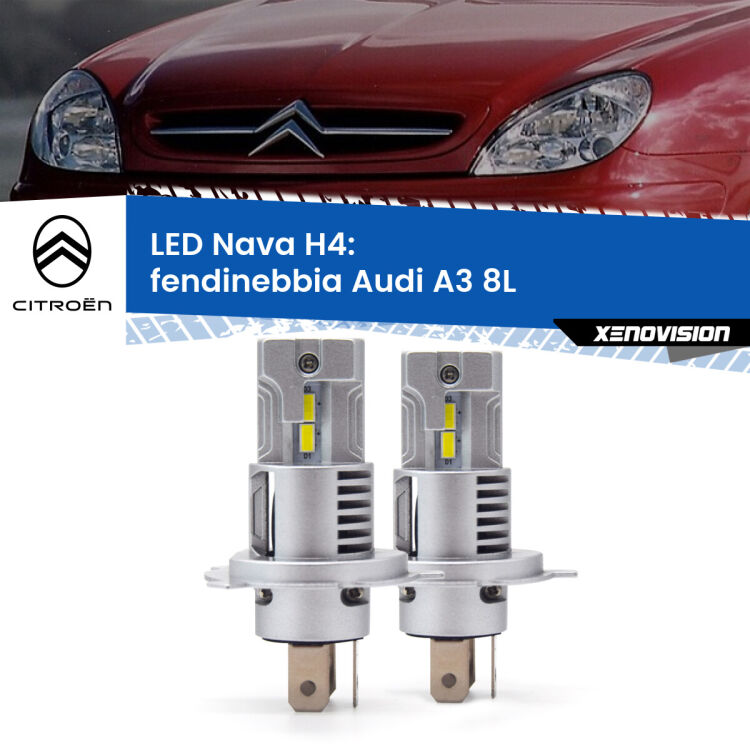 0 Anabbaglianti LED Citroën Xsara a parabola singola: H4 Nava <strong>Anabbaglianti LED no-spie per Citroën Xsara</strong> a parabola singola. Coppia lampade <strong>H4</strong> modello Nava canbus, raffreddate a ventola.