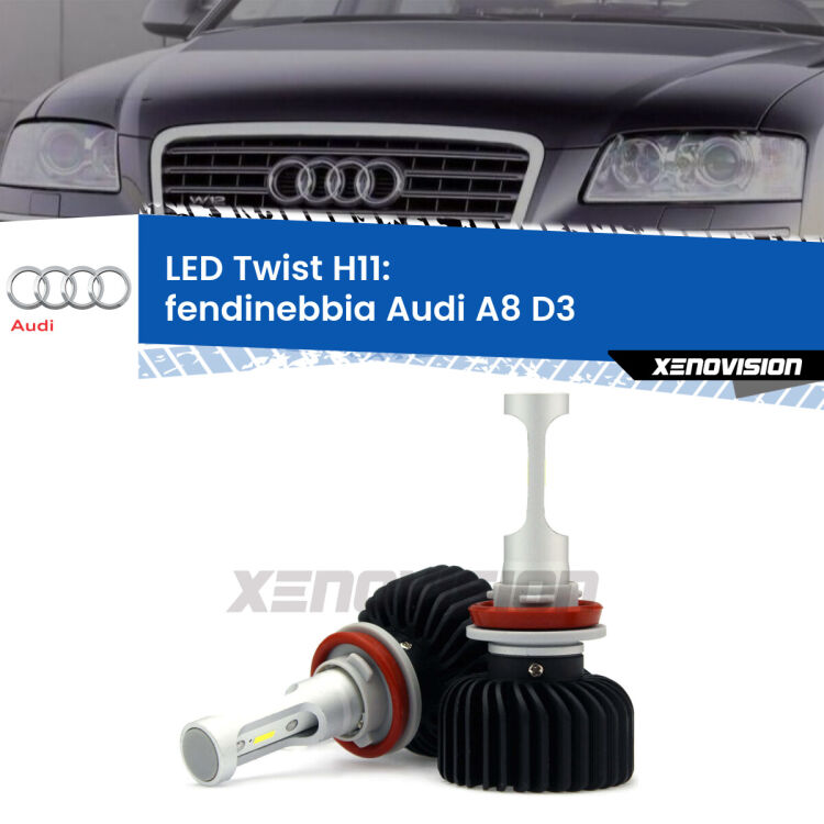 <strong>Kit fendinebbia LED</strong> H11 per <strong>Audi A8</strong> D3 2002 - 2004. Compatte, impermeabili, senza ventola: praticamente indistruttibili. Top Quality.