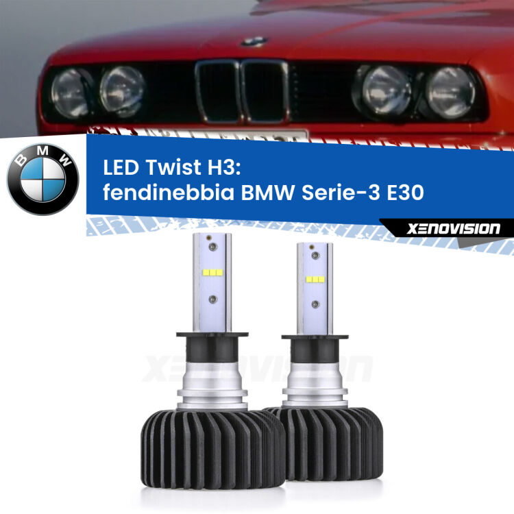 <strong>Kit fendinebbia LED</strong> H3 per <strong>BMW Serie-3</strong> E30 1982 - 1992. Compatte, impermeabili, senza ventola: praticamente indistruttibili. Top Quality.