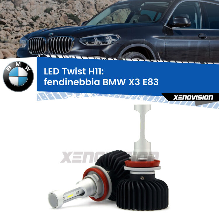 <strong>Kit fendinebbia LED</strong> H11 per <strong>BMW X3</strong> E83 2003 - 2010. Compatte, impermeabili, senza ventola: praticamente indistruttibili. Top Quality.