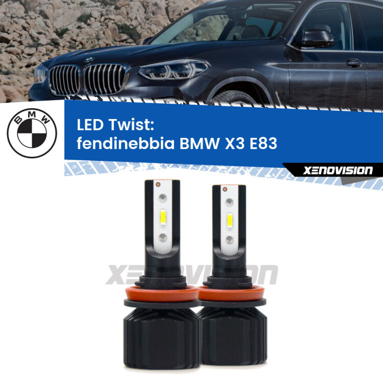 Fendinebbia LED BMW X3 E83 2003 - 2010: Twist 11,000Lm <strong>Kit fendinebbia LED</strong> per <strong>BMW X3</strong> E83 2003 - 2010. Compatte, impermeabili, senza ventola: praticamente indistruttibili. Top Quality.