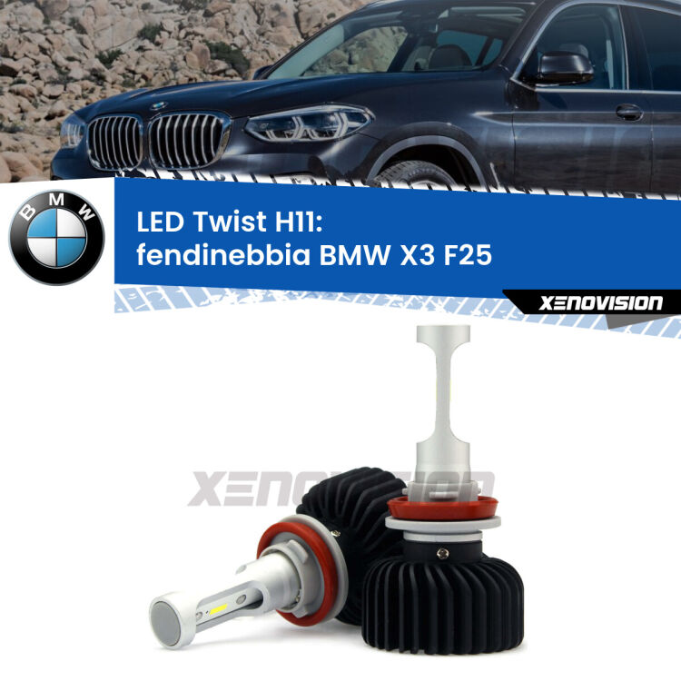 <strong>Kit fendinebbia LED</strong> H11 per <strong>BMW X3</strong> F25 2010 - 2016. Compatte, impermeabili, senza ventola: praticamente indistruttibili. Top Quality.