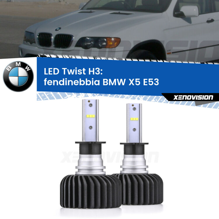 <strong>Kit fendinebbia LED</strong> H3 per <strong>BMW X5</strong> E53 1999 - 2002. Compatte, impermeabili, senza ventola: praticamente indistruttibili. Top Quality.