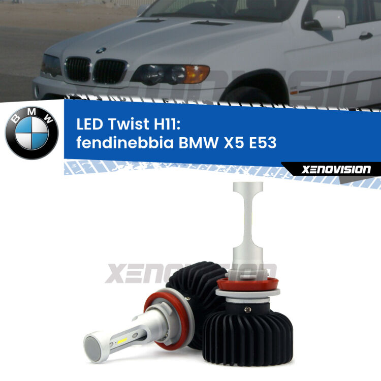 <strong>Kit fendinebbia LED</strong> H11 per <strong>BMW X5</strong> E53 2002 - 2005. Compatte, impermeabili, senza ventola: praticamente indistruttibili. Top Quality.