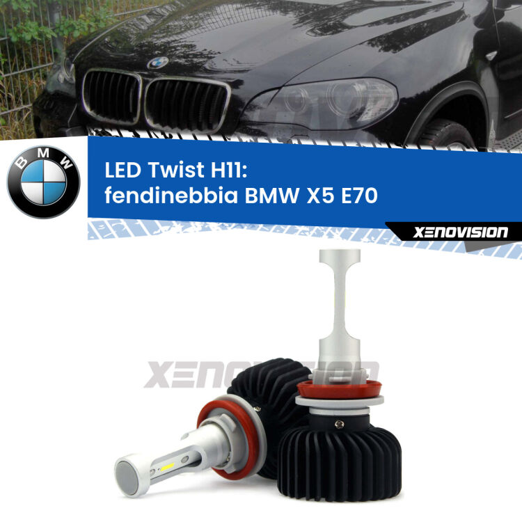 <strong>Kit fendinebbia LED</strong> H11 per <strong>BMW X5</strong> E70 2006 - 2013. Compatte, impermeabili, senza ventola: praticamente indistruttibili. Top Quality.