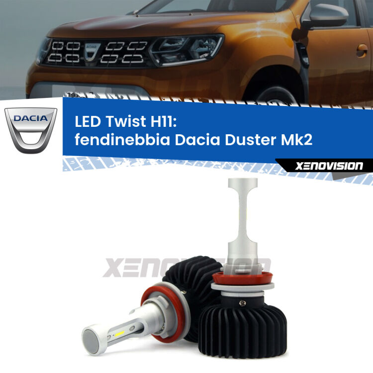 <strong>Kit fendinebbia LED</strong> H11 per <strong>Dacia Duster</strong> Mk2 2017 in poi. Compatte, impermeabili, senza ventola: praticamente indistruttibili. Top Quality.