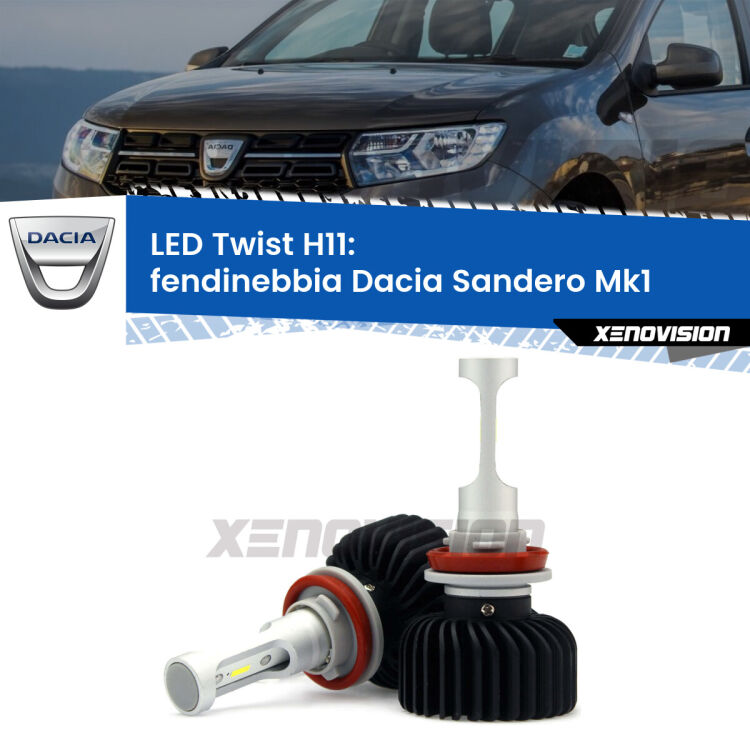 <strong>Kit fendinebbia LED</strong> H11 per <strong>Dacia Sandero</strong> Mk1 2008 - 2012. Compatte, impermeabili, senza ventola: praticamente indistruttibili. Top Quality.