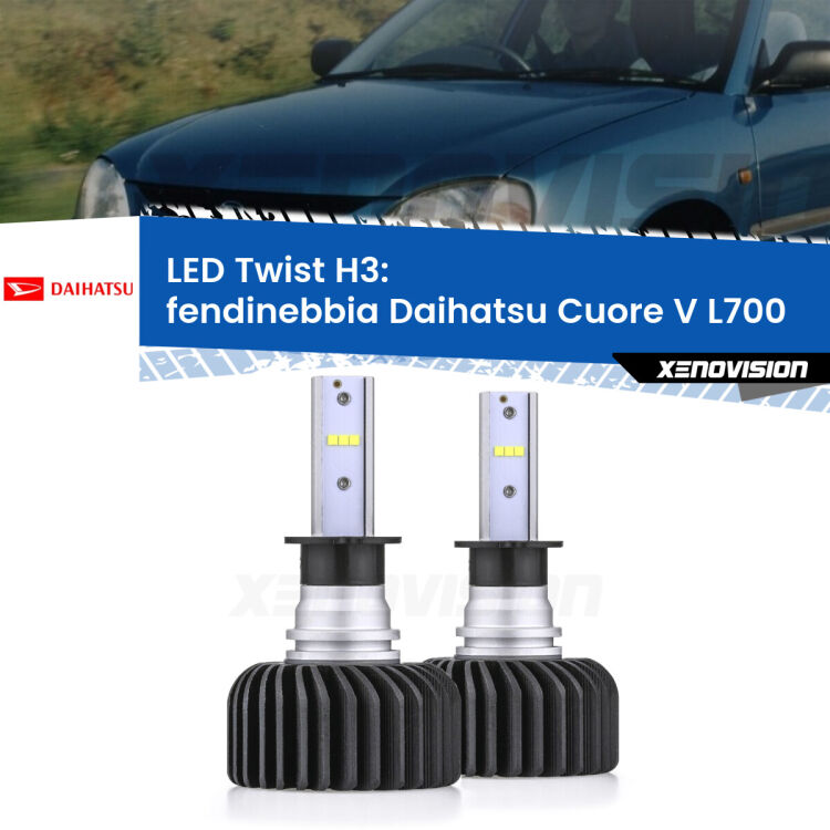 <strong>Kit fendinebbia LED</strong> H3 per <strong>Daihatsu Cuore V</strong> L700 1998 - 2003. Compatte, impermeabili, senza ventola: praticamente indistruttibili. Top Quality.