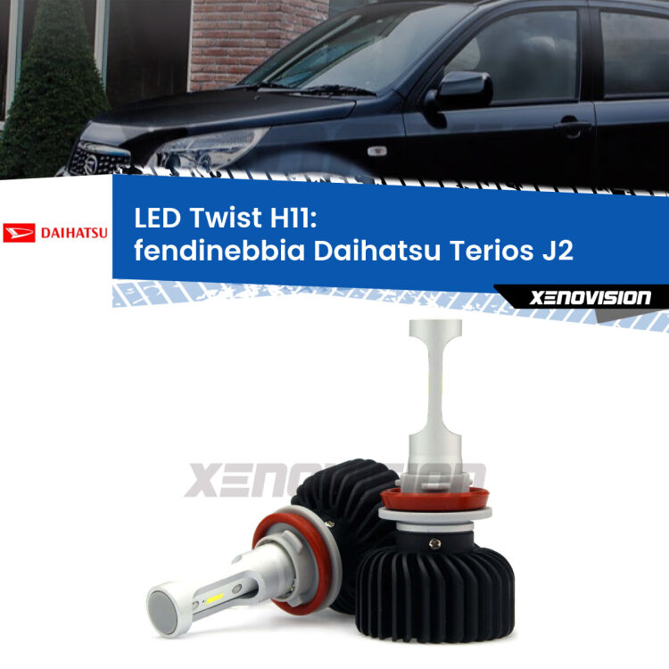 <strong>Kit fendinebbia LED</strong> H11 per <strong>Daihatsu Terios</strong> J2 2005 - 2009. Compatte, impermeabili, senza ventola: praticamente indistruttibili. Top Quality.