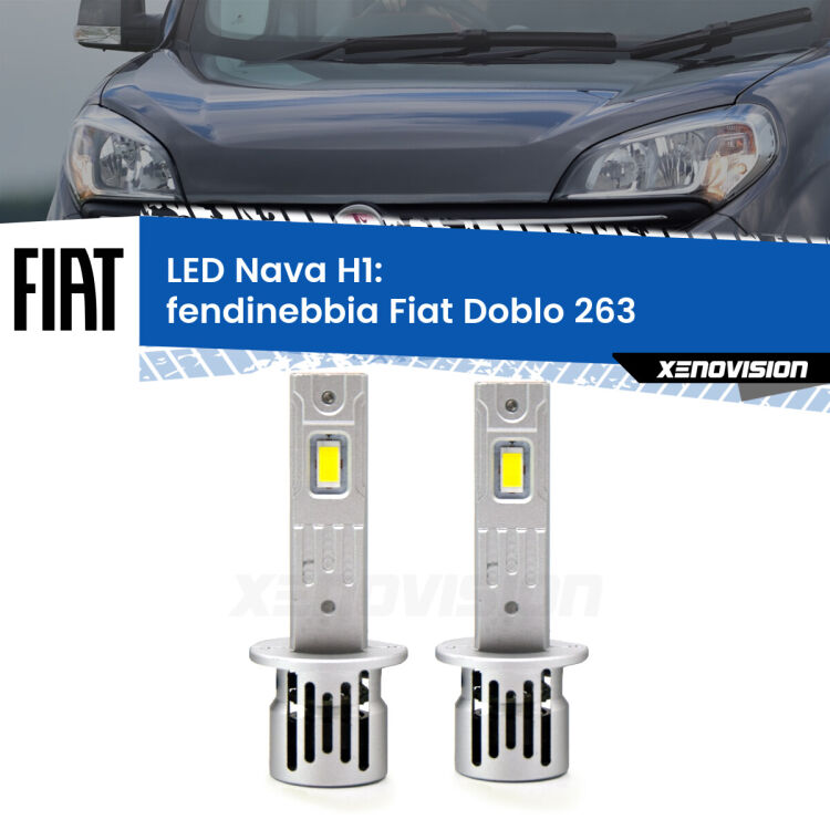 Fendinebbia LED Fiat Doblo 263 2010 - 2014: H1 Nava <strong>Fendinebbia LED no-spie per Fiat Doblo</strong> 263 2010 - 2014. Coppia lampade <strong> H1</strong> modello Nava canbus, raffreddate a ventola.