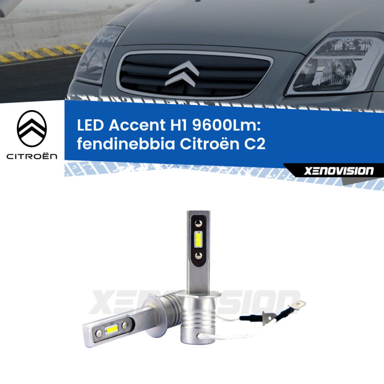 Fendinebbia LED H1 9600Lm per Citroën C2 2003 - 2009 <strong>Kit LED Fendinebbia per Citroën C2</strong> 2003 - 2009.</strong> Coppia lampade <strong>H1</strong> senza ventola e ultracompatte per installazioni in fari senza spazi.