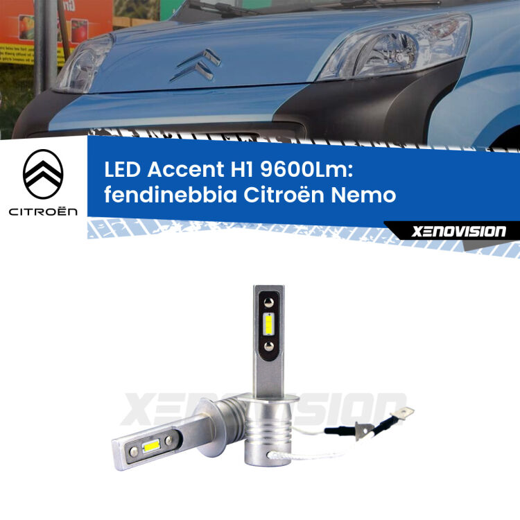 Fendinebbia LED H1 9600Lm per Citroën Nemo 2008 in poi <strong>Kit LED Fendinebbia per Citroën Nemo</strong> 2008 in poi.</strong> Coppia lampade <strong>H1</strong> senza ventola e ultracompatte per installazioni in fari senza spazi.