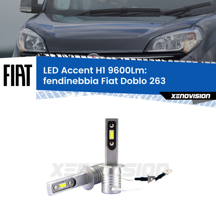 Fendinebbia LED H1 9600Lm per Fiat Doblo 263 2010 - 2014 <strong>Kit LED Fendinebbia per Fiat Doblo</strong> 263 2010 - 2014.</strong> Coppia lampade <strong>H1</strong> senza ventola e ultracompatte per installazioni in fari senza spazi.