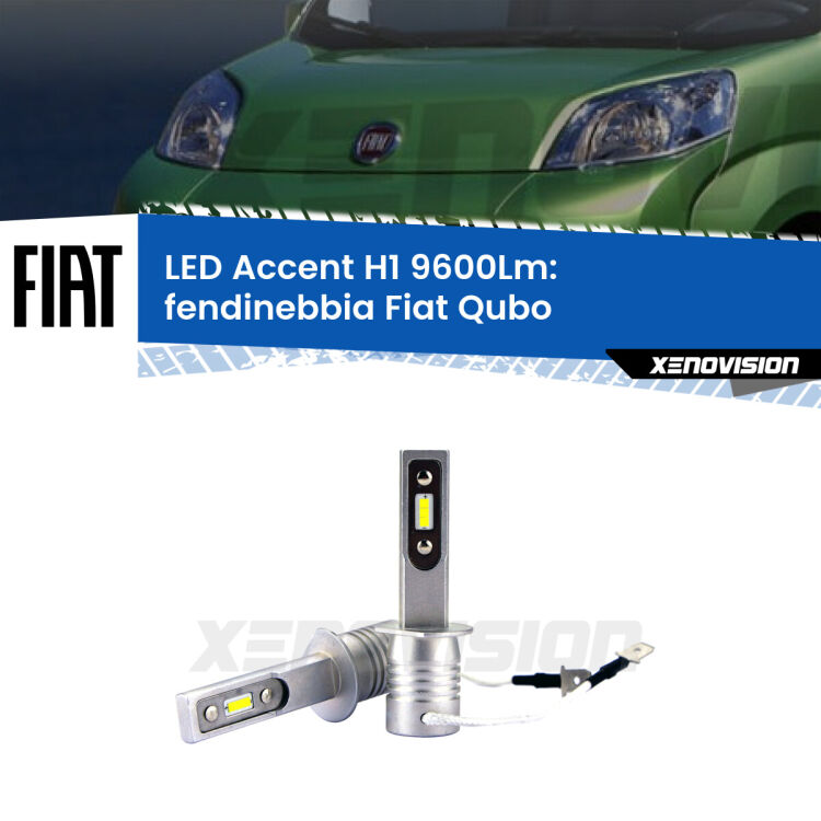 Fendinebbia LED H1 9600Lm per Fiat Qubo  2008 - 2021 <strong>Kit LED Fendinebbia per Fiat Qubo</strong>  2008 - 2021.</strong> Coppia lampade <strong>H1</strong> senza ventola e ultracompatte per installazioni in fari senza spazi.